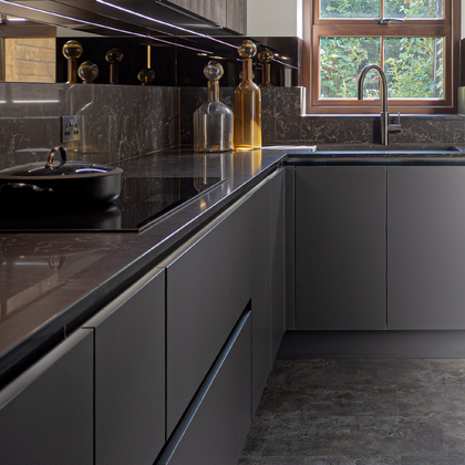 Metallic Grey and Oak Galley Kitchen in Walthamstow