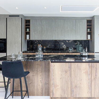 Concrete & Halifax Pewter Oak Bespoke Kitchen in Chingford